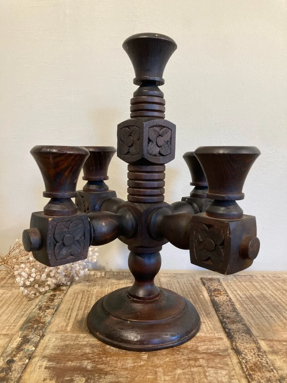 Spanish Revival Gothic Wood Candelabra 5 Candle 13” Rustic Decor - Picture 4 of 16